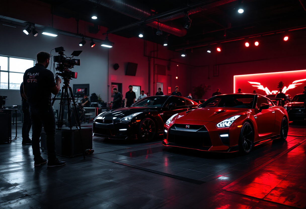 Professional automotive video production studio with luxury sports cars